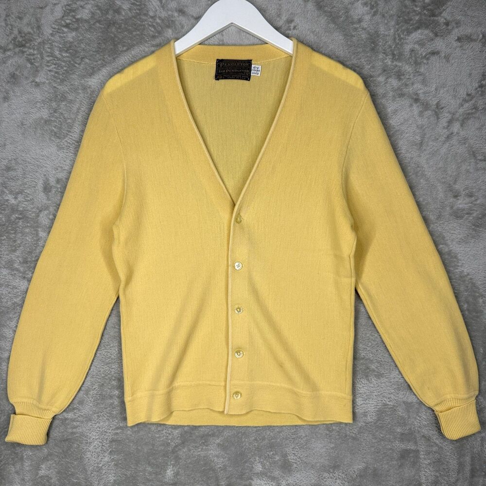 Vtg 70s Pendleton Cardigan Sweater Mens Medium Sir Yellow Virgin Wool USA Made